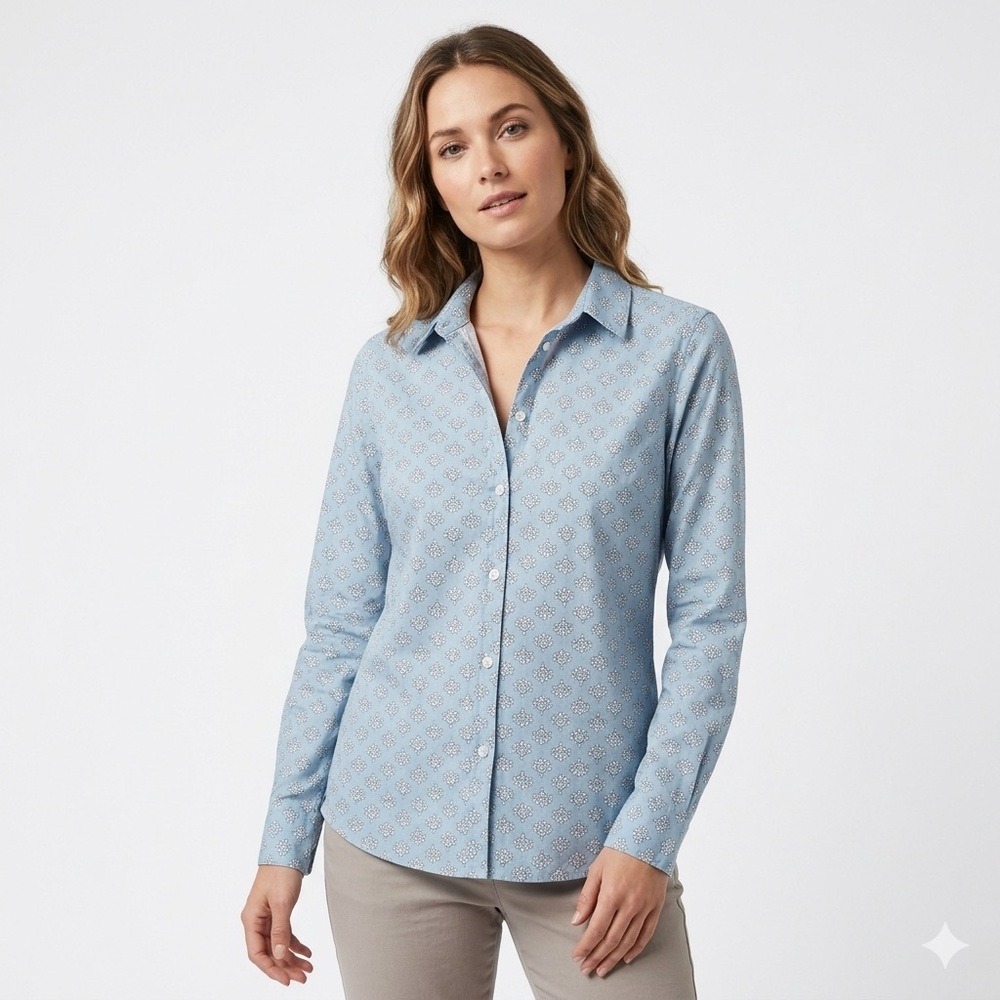 NICOLI Light Blue Printed 100% Cotton Button-Down Shirt Women's‎ Small